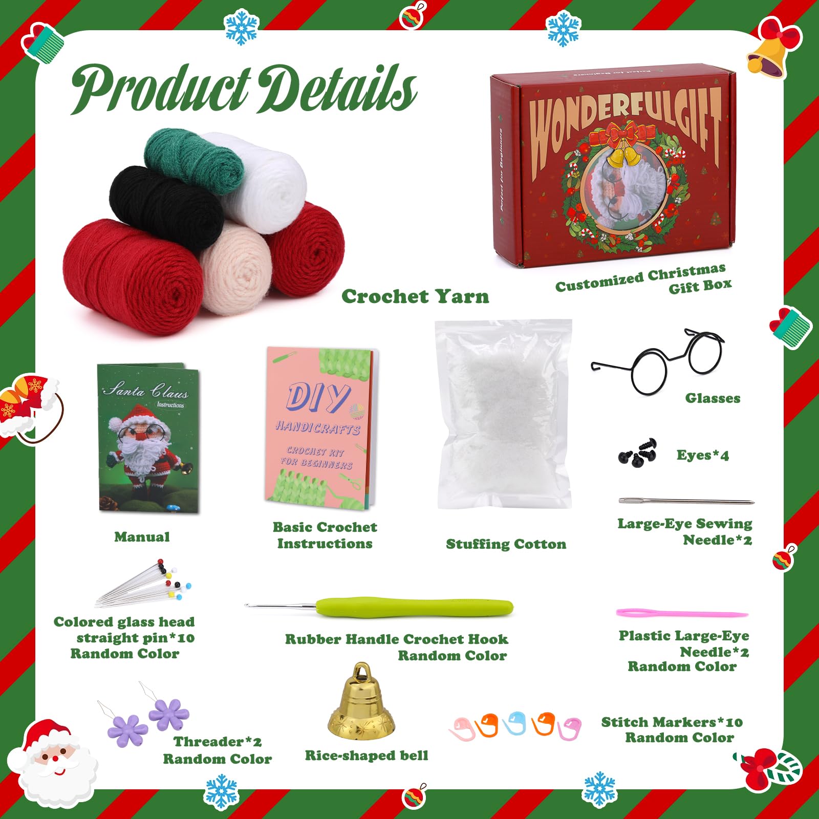  QUEISHA Christmas Crochet Kit for Beginners,Cute Elk&Santa  Claus Kit with Hook Yarn Picture&Text Instructions and Step-by-Step Video  Tutorials as Christmas Gifts for Kids